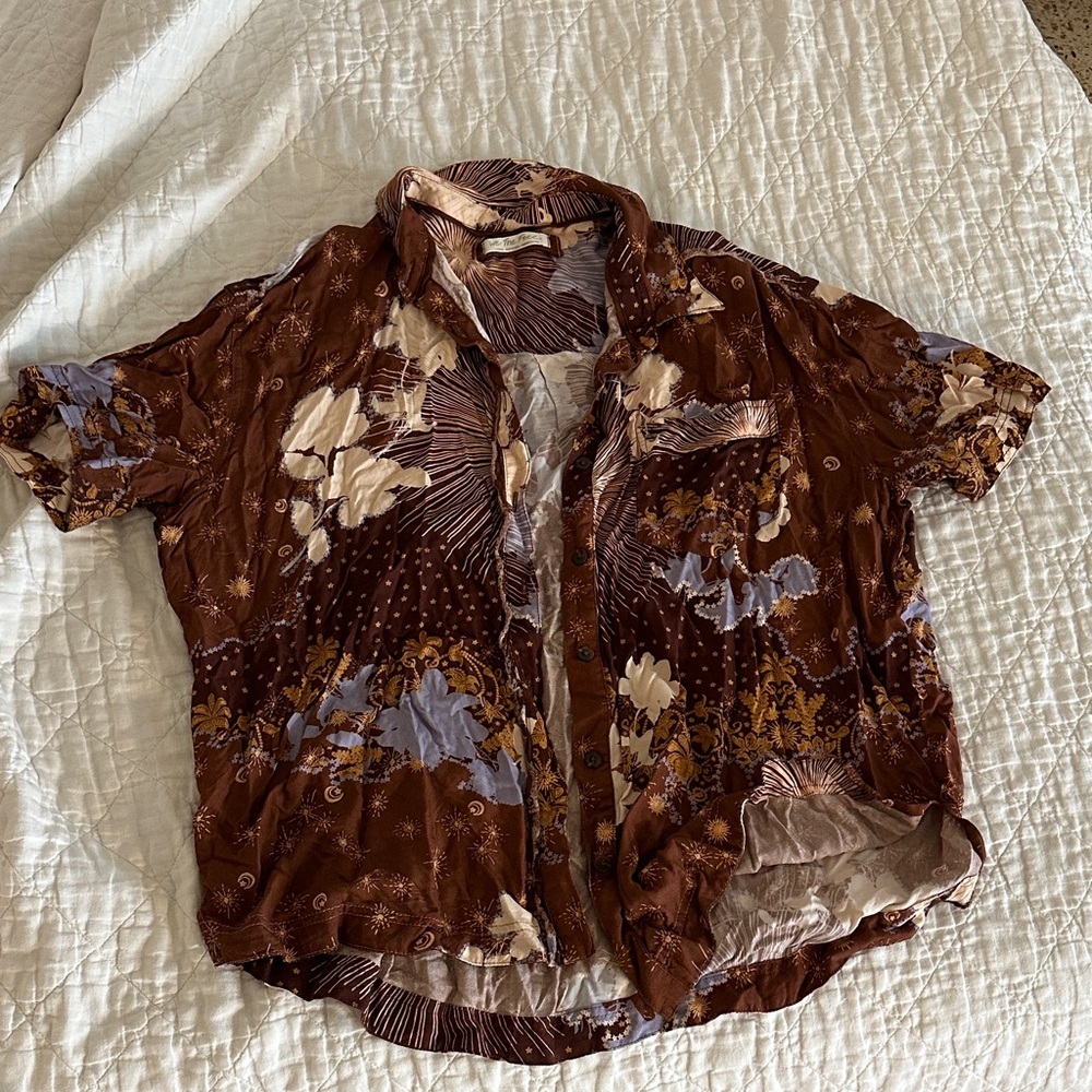 Free People Brown and Cream Button Down Shirt